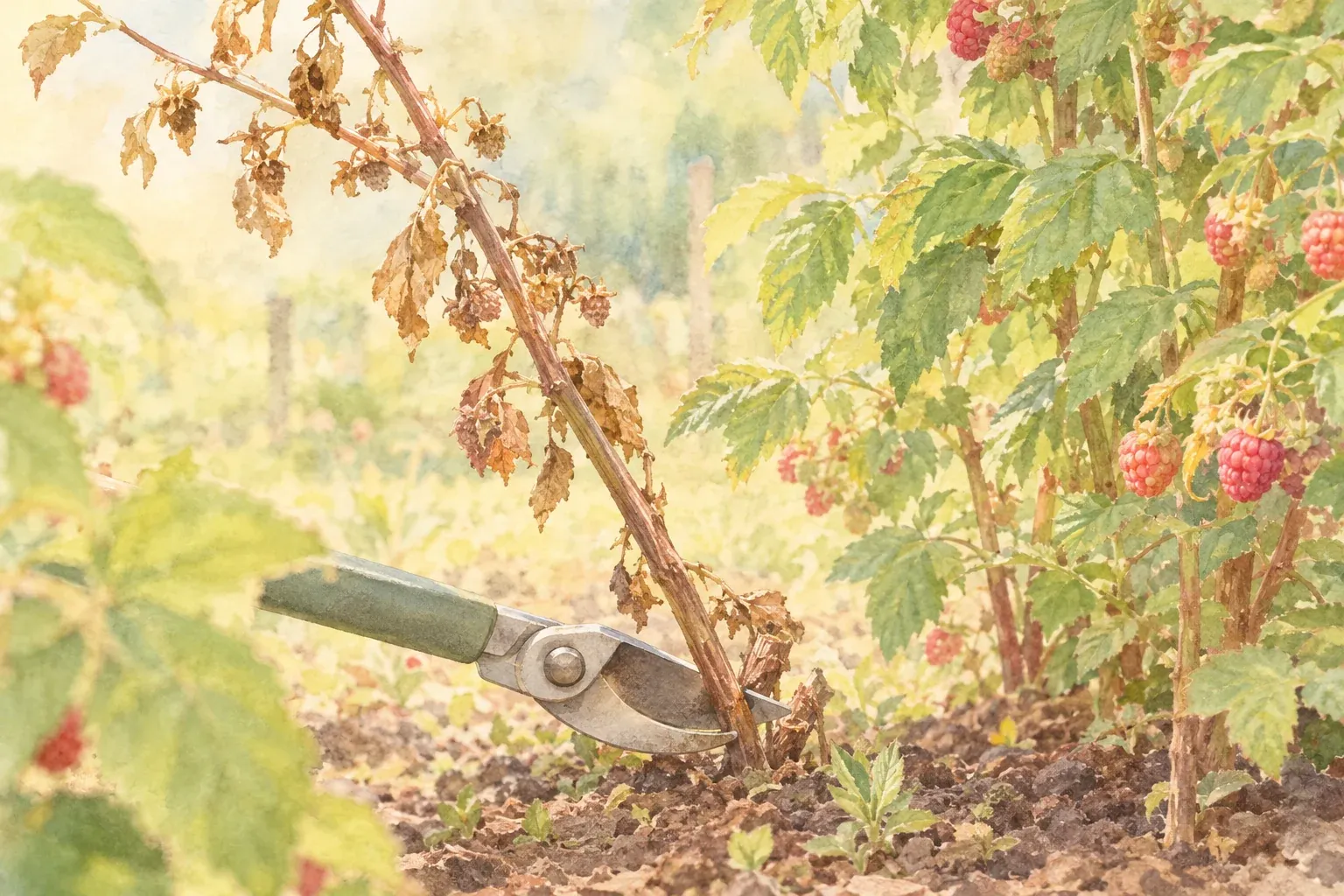 Himbeeren schneiden: Gartenschere trennt eine abgetragene Himbeerrute bodennah am Stock ab
