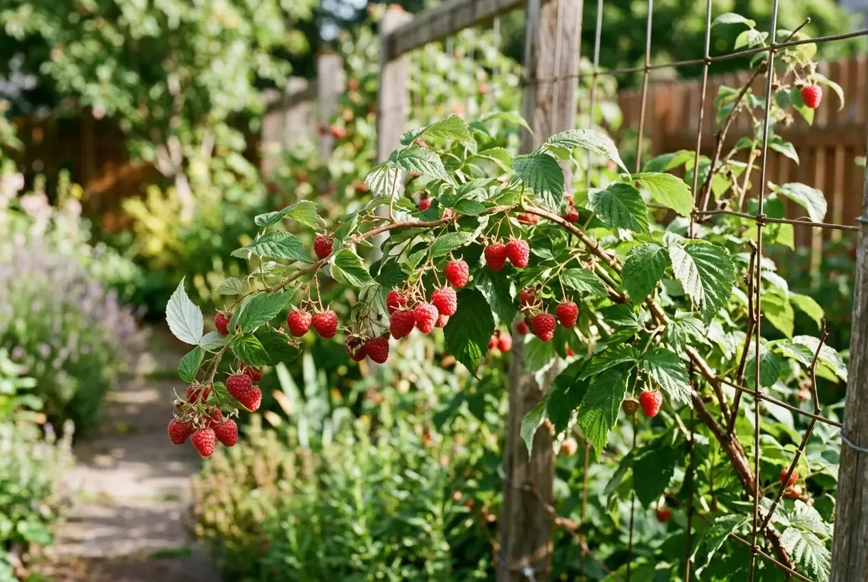 Himbeerstrauch mit reifen roten Früchten an einem Spaliergerüst im Garten