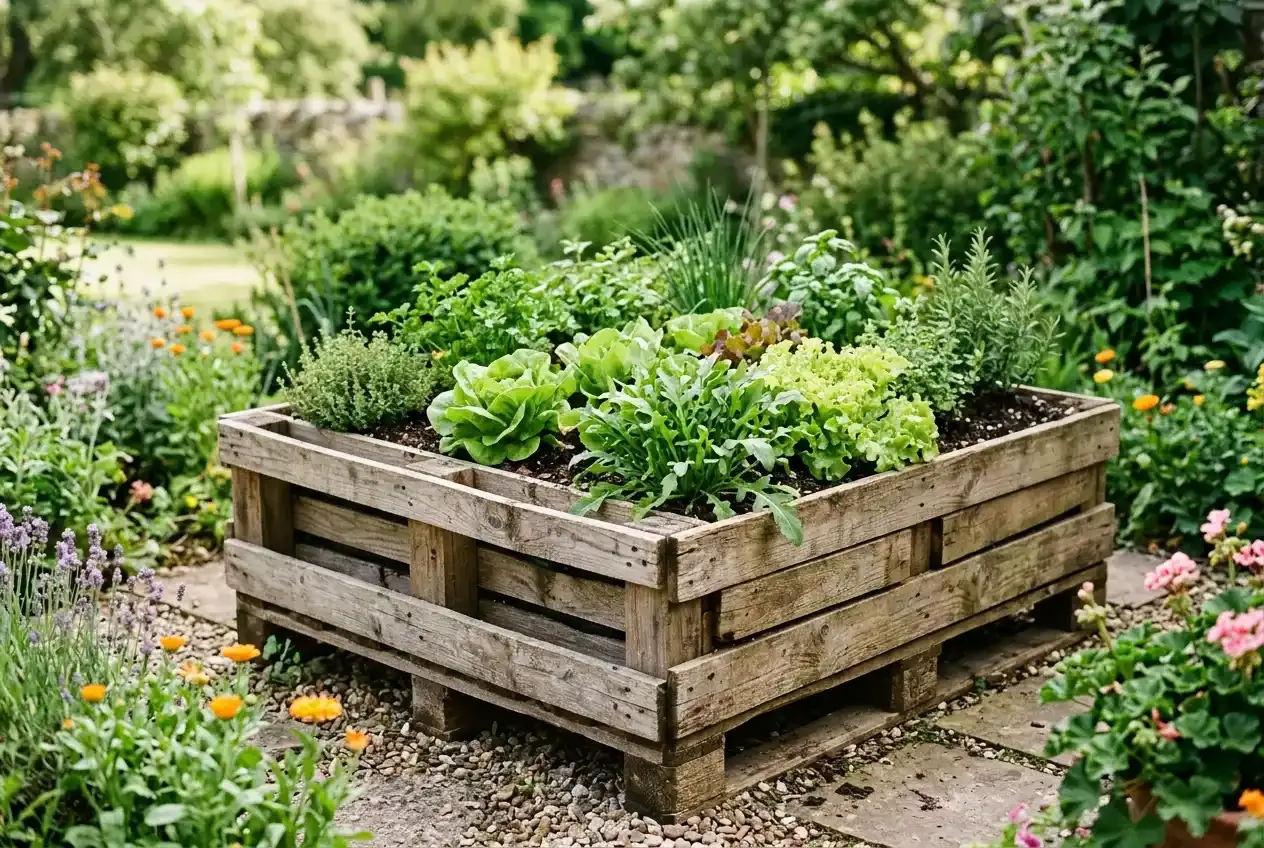 Hochbeet aus Europaletten im Garten mit Kräutern und Salat bepflanzt