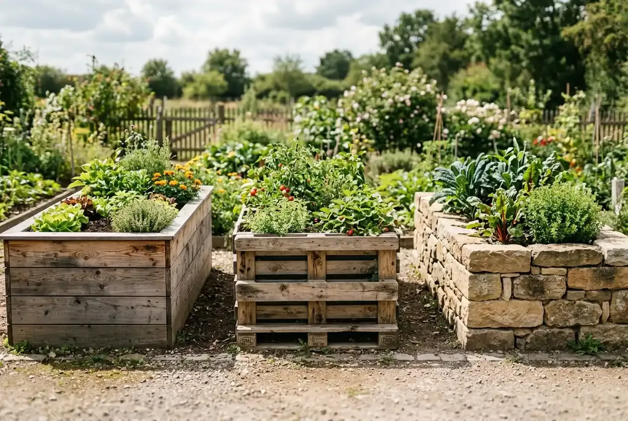 Verschiedene Hochbeet-Materialien im Vergleich: Holzbretter, Europaletten und Natursteine nebeneinander