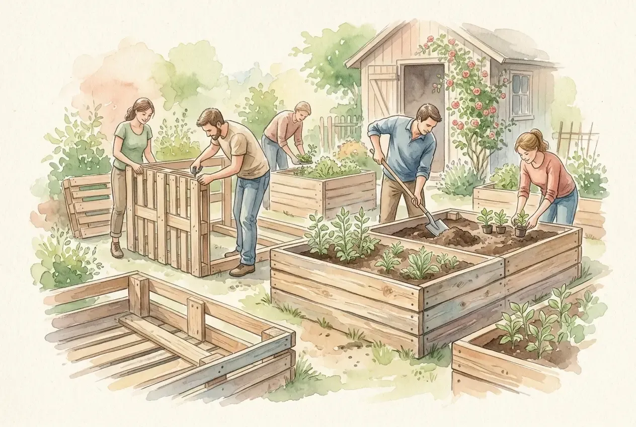 Selbstgebautes Hochbeet aus Holz in einem sonnigen Garten mit frisch gepflanztem Gemüse