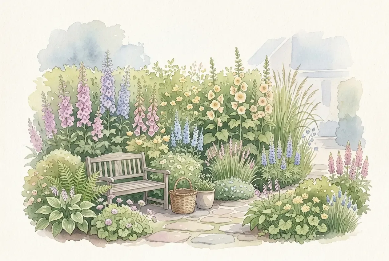 Hohe Stauden als Sichtschutz mit Chinaschilf und Blütenstauden im sommerlichen Garten