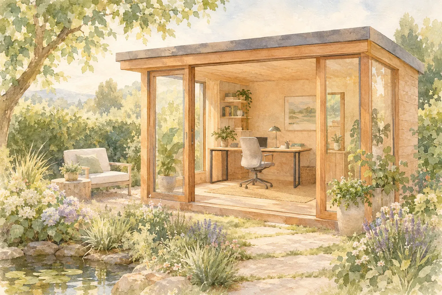 Home Office Garten: modernes Gartenhaus mit Schreibtisch als Arbeitsplatz im Grünen