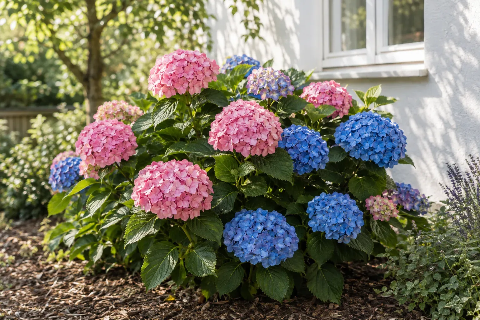 Blühender Bauernhortensien-Strauch mit rosa und blauen Blütenbällen im halbschattigen Gartenbeet