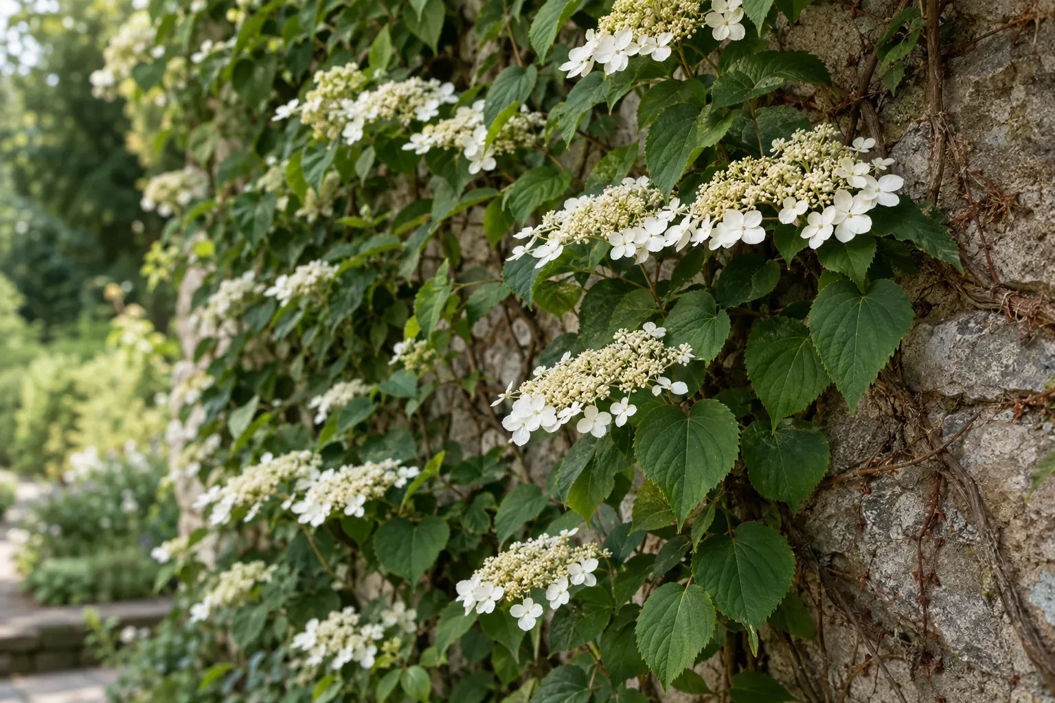 Blühende Kletterhortensie mit weißen Blütenschirmen an einer schattigen Hauswand