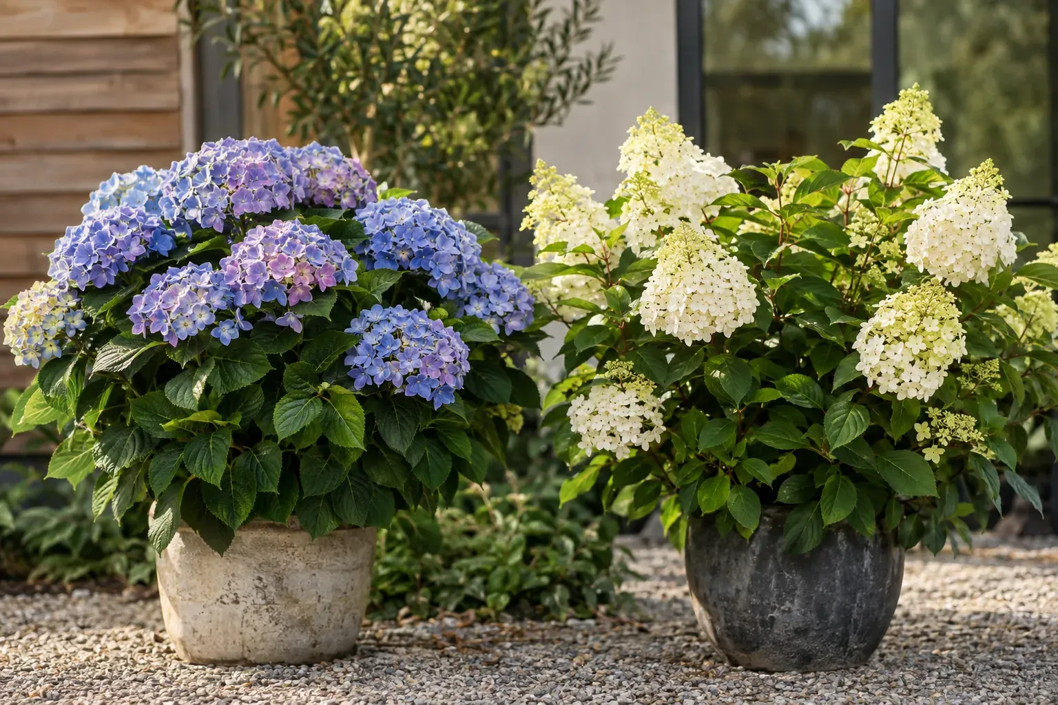 Verschiedene Hortensien Arten im Vergleich: Bauernhortensie mit Kugelblüte neben Rispenhortensie