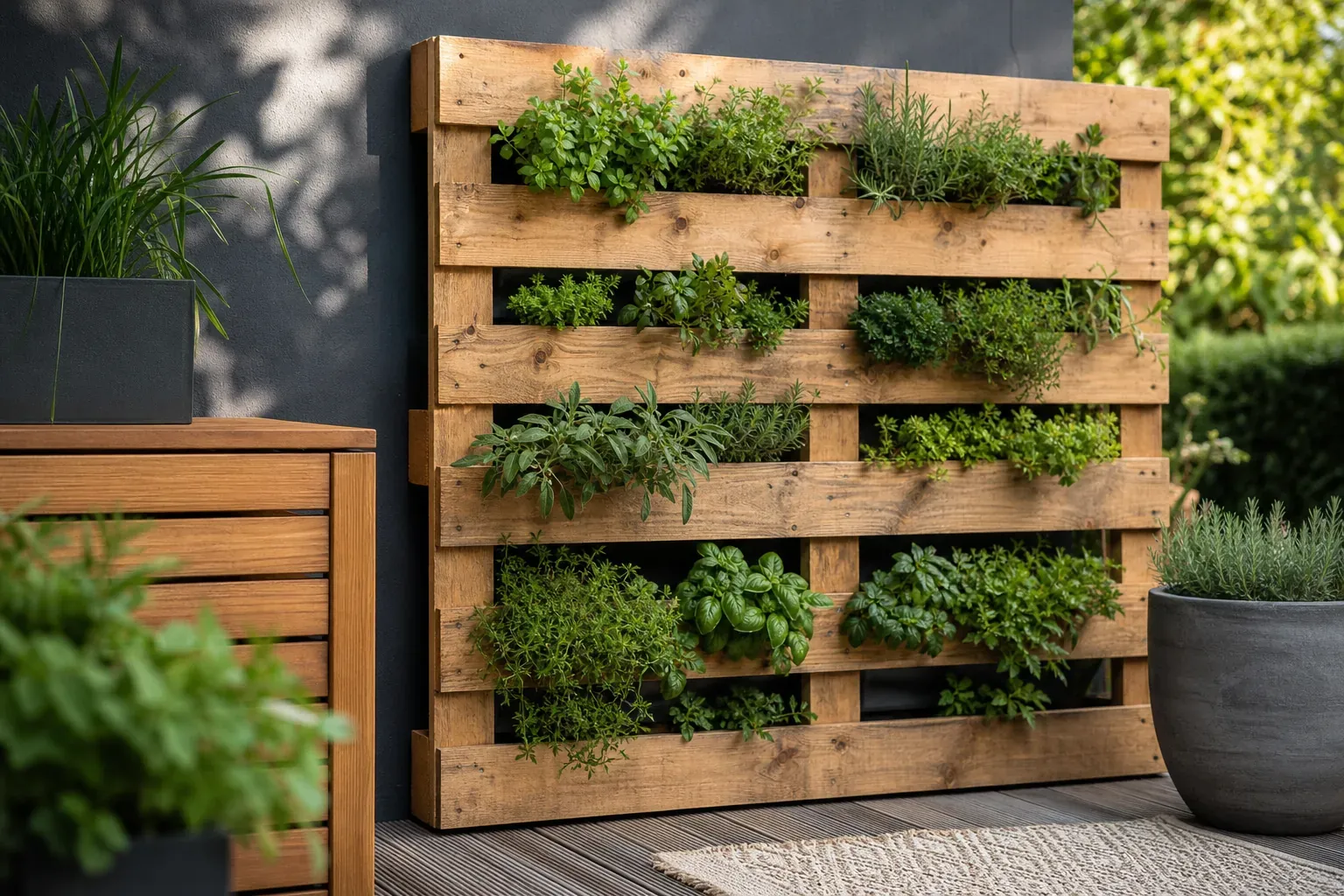 Idee 1: Paletten-Sichtschutz mit integriertem Kräutergarten