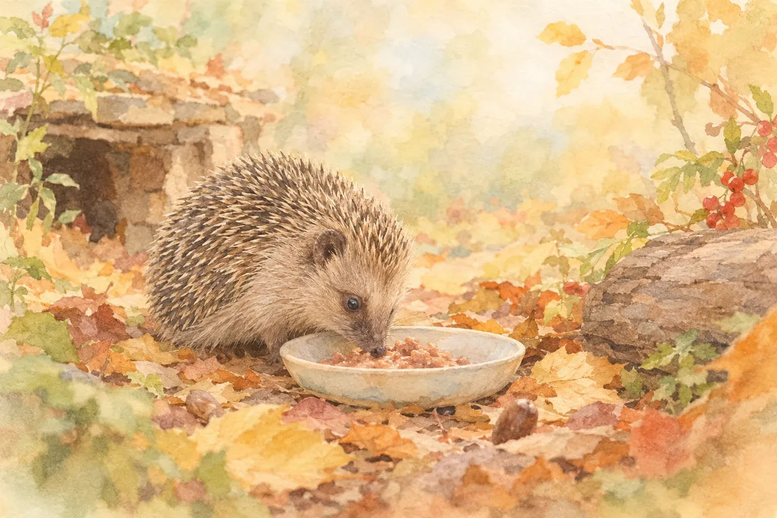 Igel füttern im Herbst: Jungigel frisst Katzennassfutter aus einer flachen Schale im Laub