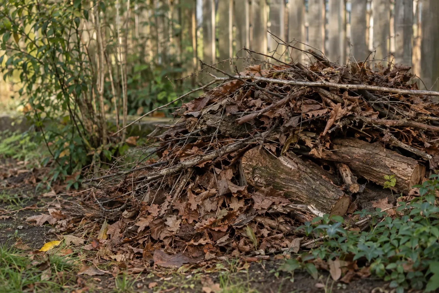 Ein Laubhaufen mit Reisig und Totholz als natürliches Winterquartier für Igel