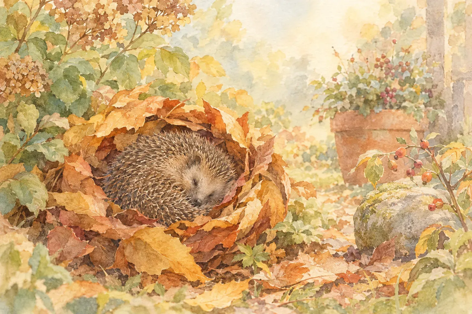 Igel im Winterschlaf, eingerollt in einem Nest aus Herbstlaub im Garten