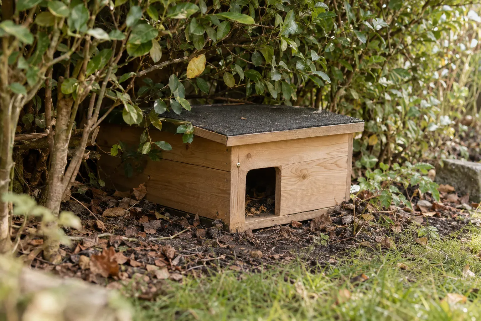 Ein Igelhaus aus Holz unter einer Hecke als Winterquartier im Garten