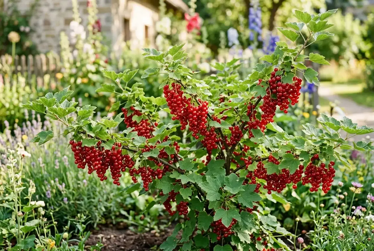 Reife rote Johannisbeeren in Trauben am Strauch in einem sommerlichen Garten