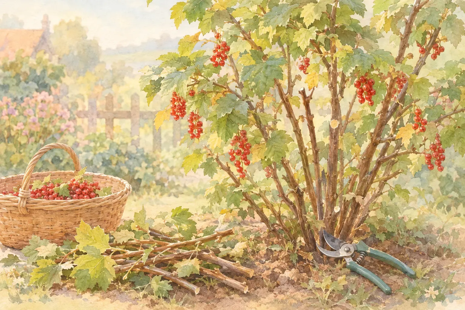 Johannisbeeren schneiden: Strauch mit Bypass-Gartenschere nach der Ernte auslichten