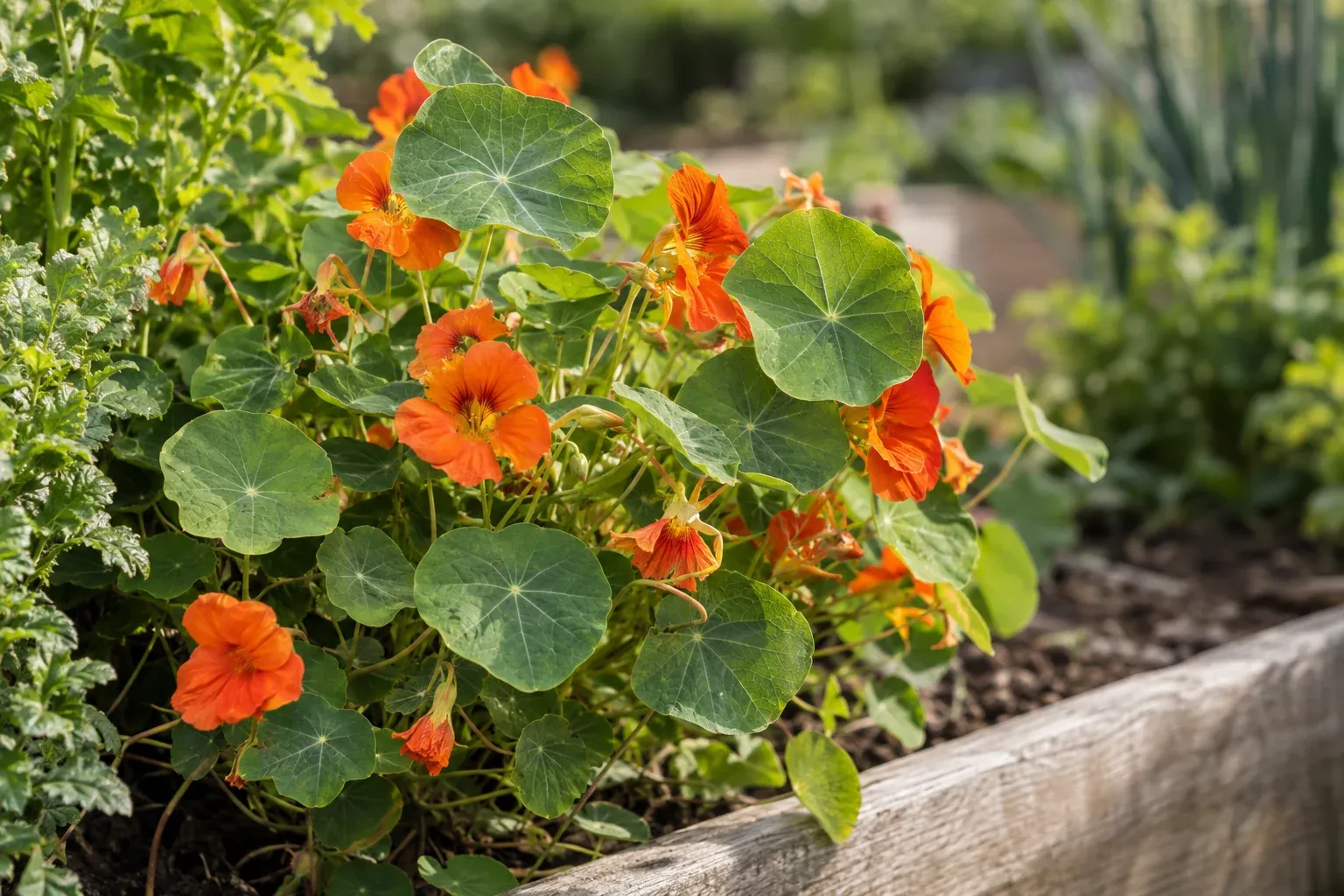 Blühende Kapuzinerkresse mit orangen Blüten und runden Blättern am Beetrand