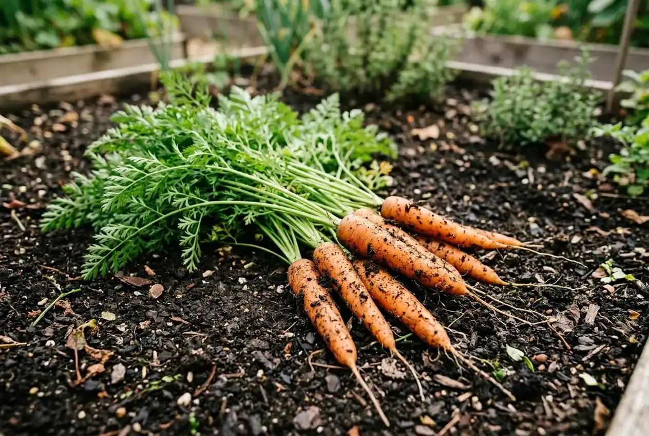 Frisch geerntete Karotten mit grünem Laub auf dunkler Gartenerde