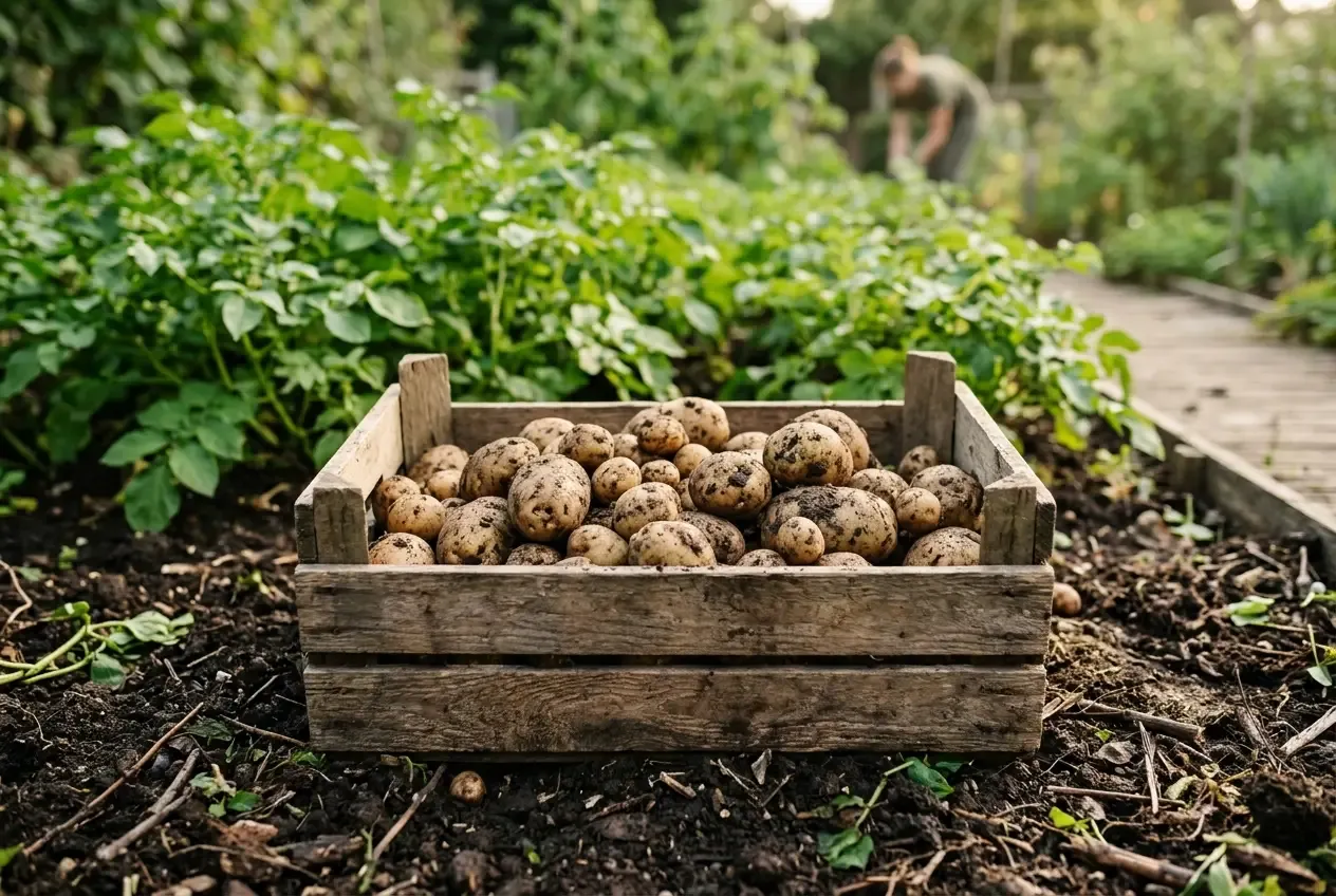 Frisch geerntete Kartoffeln in einer Holzkiste im Garten