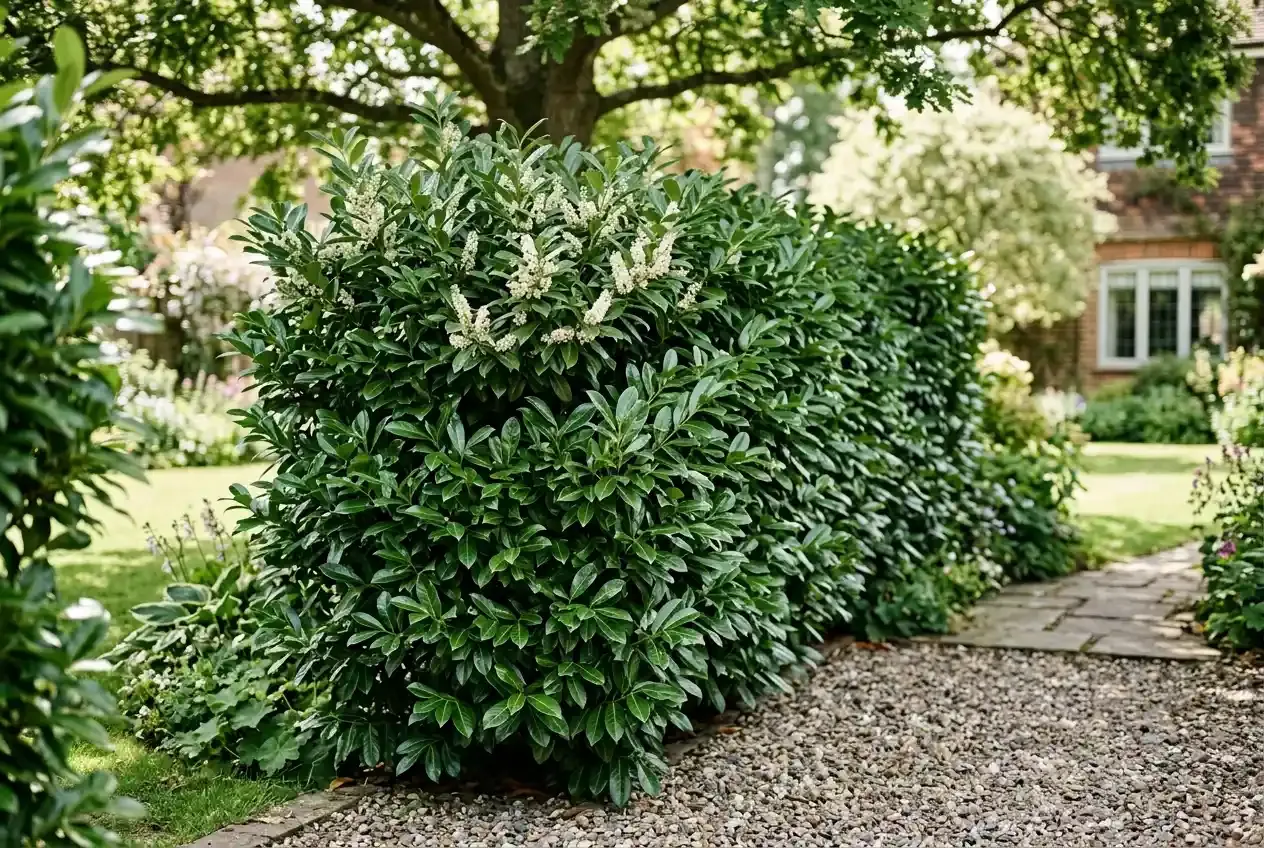 Kirschlorbeer-Hecke mit glänzend-grünen Blättern und weißen Blütentrauben im Garten