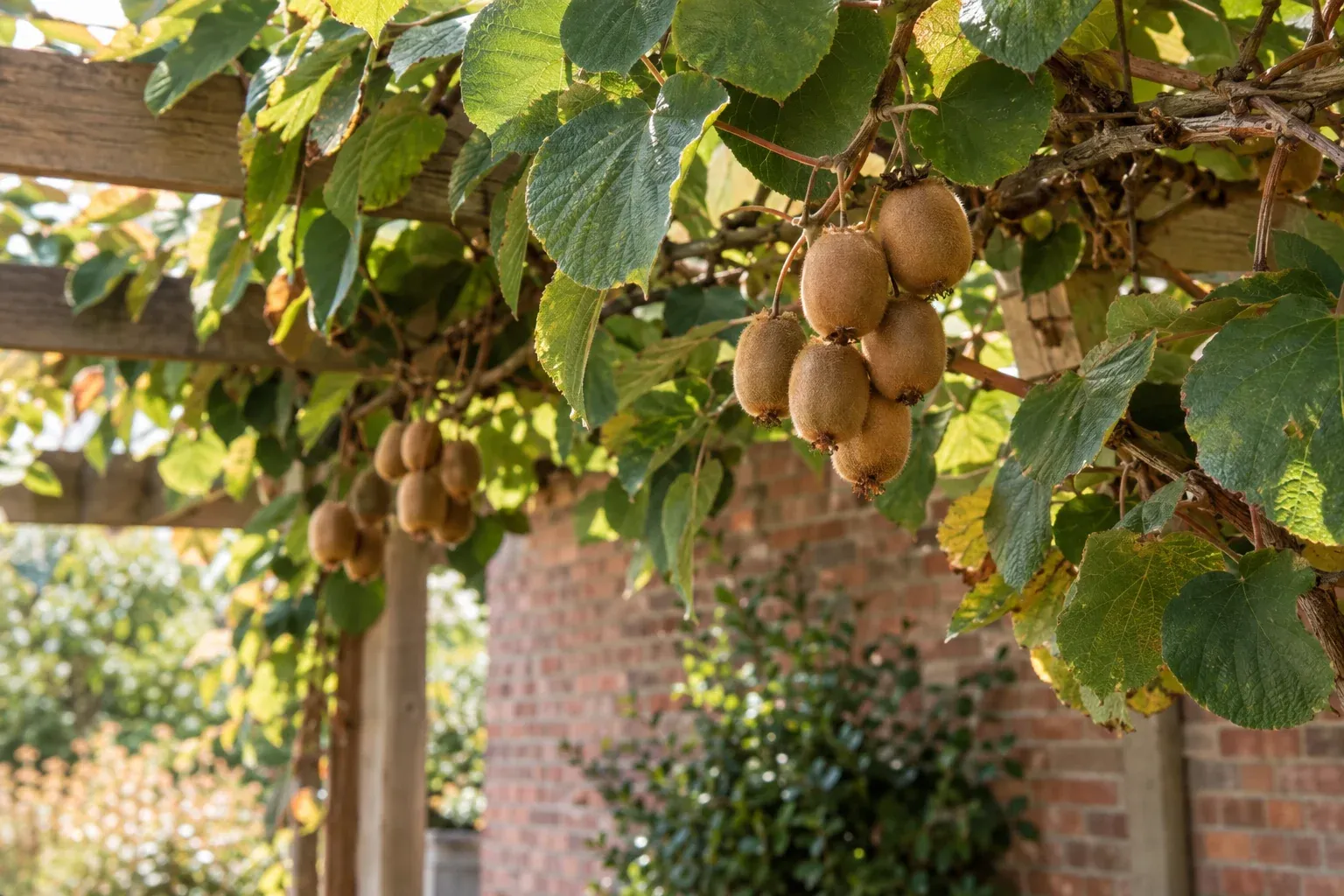 Kiwi-Pflanze mit reifen Früchten an einer Pergola im sonnigen Garten