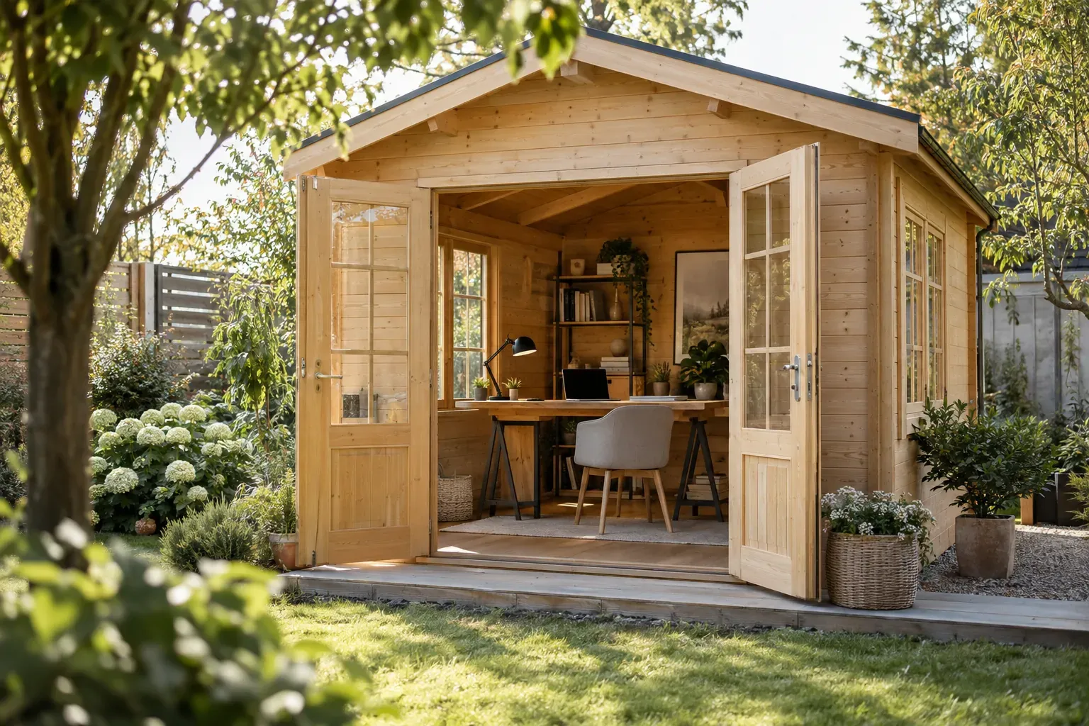 Klassisches Holz-Gartenhaus als Büro