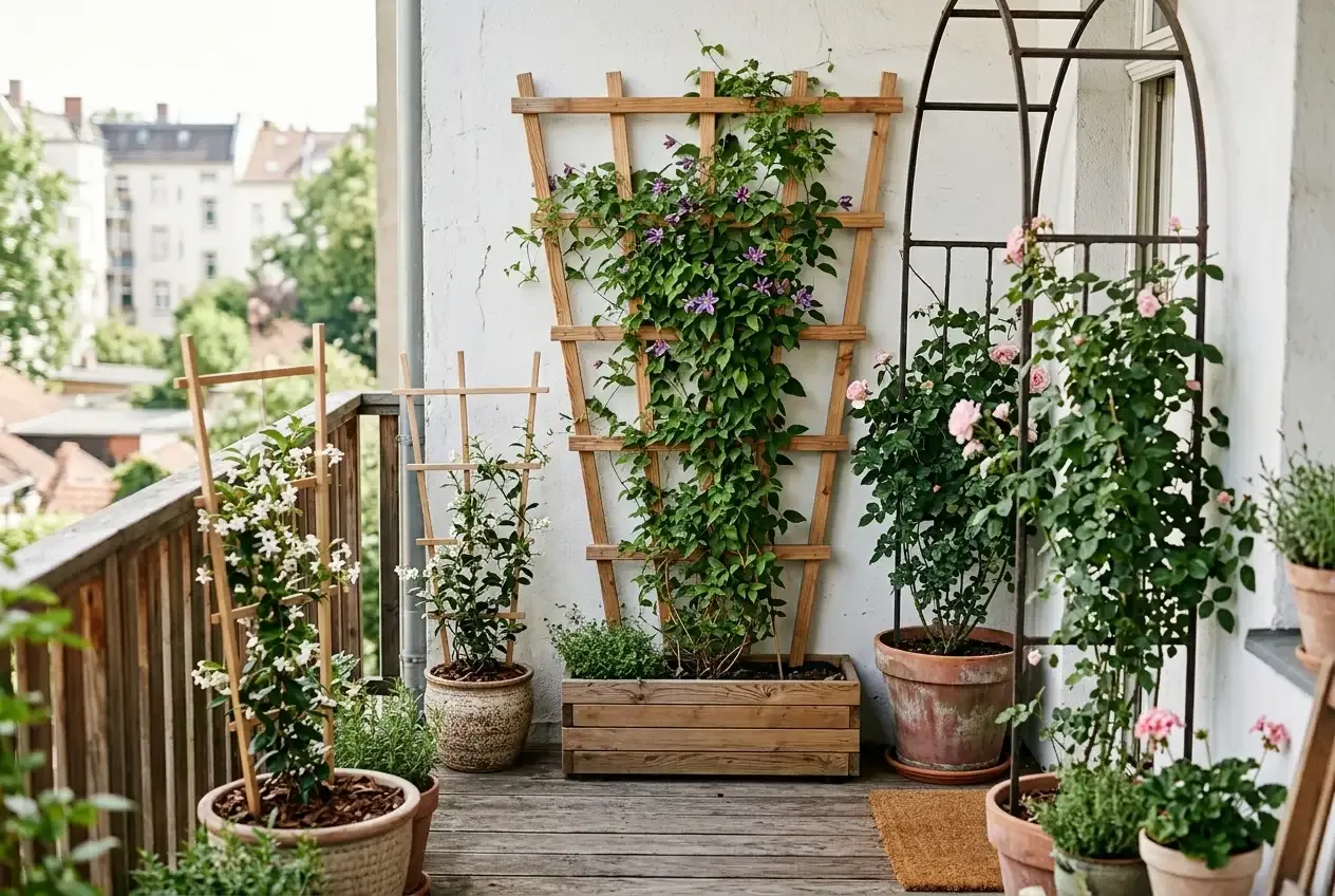 Verschiedene Rankhilfen für Kletterpflanzen auf einem Balkon mit Spalier und Rankgitter