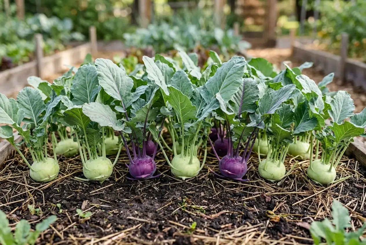 Reife Kohlrabi-Pflanzen mit grünen und violetten Knollen im Gemüsebeet