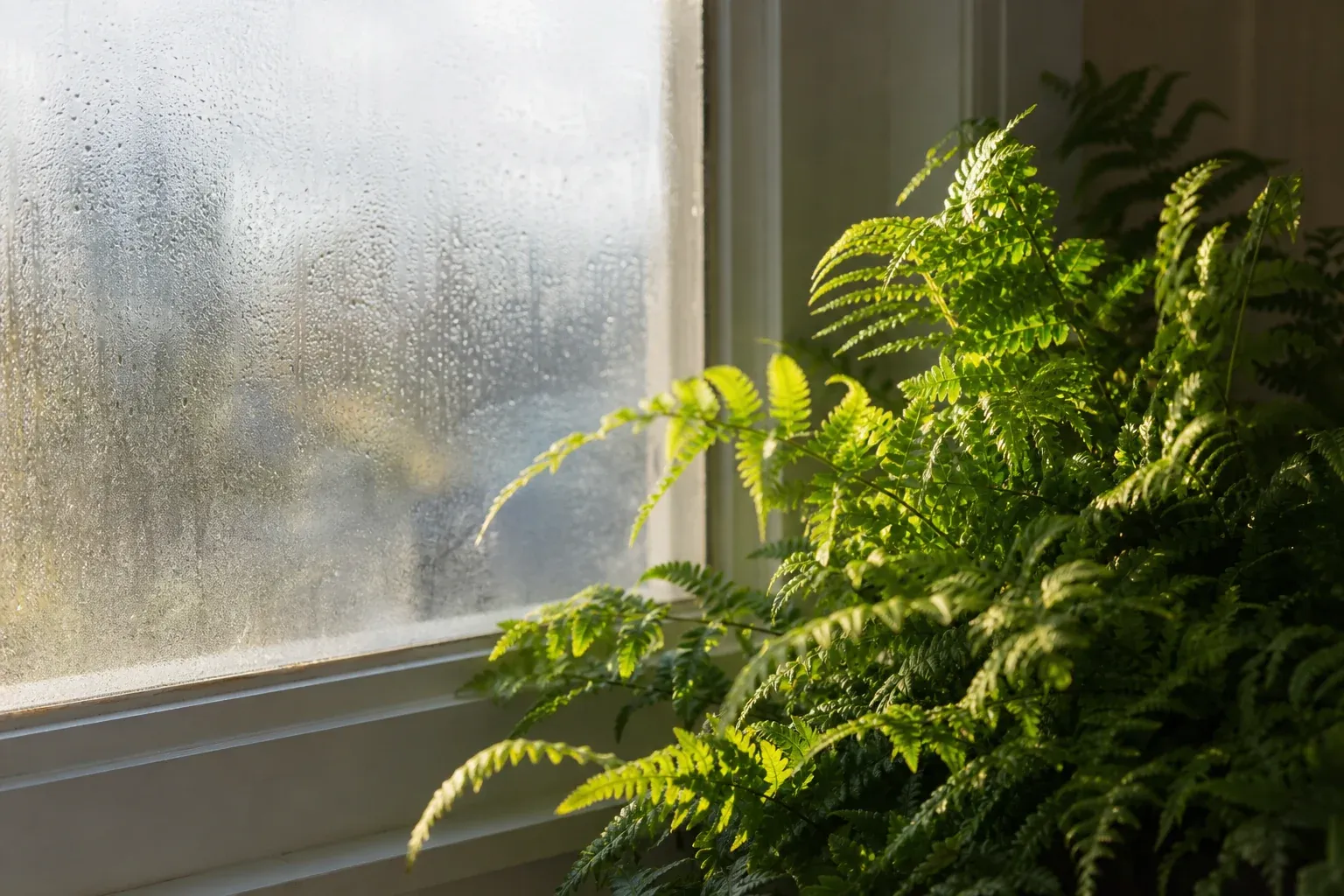 Kondenswasser an einer Fensterscheibe hinter einem Zimmerfarn im Morgenlicht