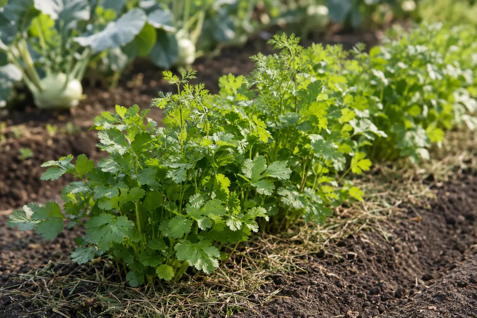 Junge Korianderpflanze mit gelappten Blättern in einer Beetreihe mit Mulchschicht