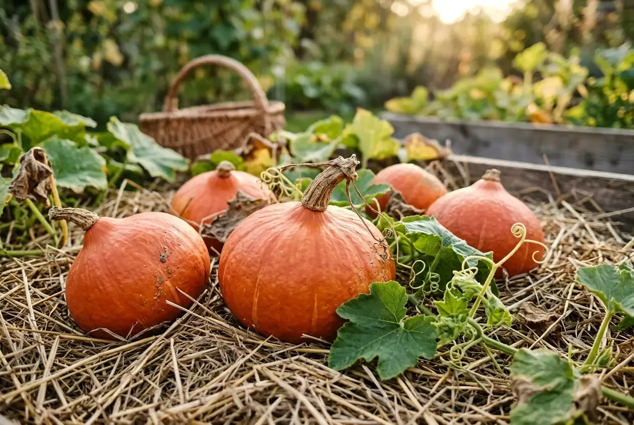 Reife Hokkaido-Kürbisse mit orangener Schale liegen im Herbstgarten auf Stroh, umgeben von großen Kürbisblättern