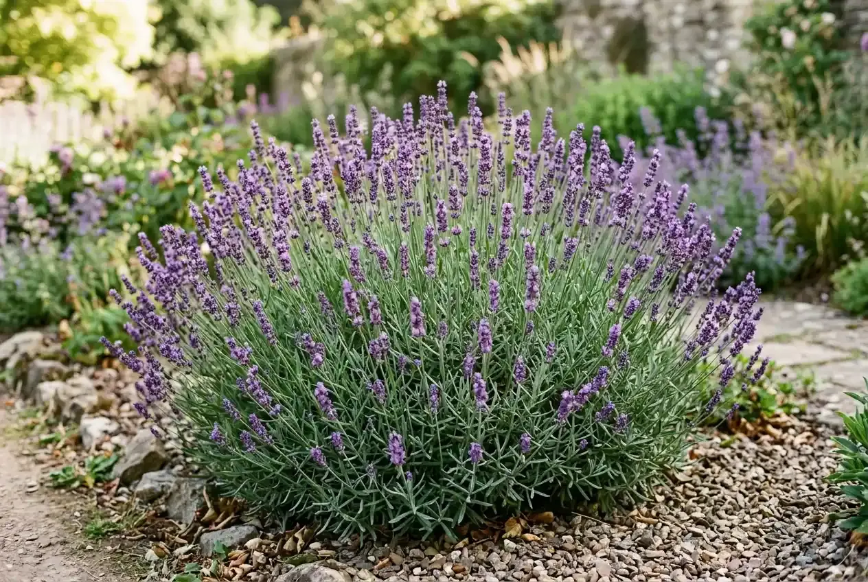 Ausgewachsener Lavendelbusch in voller Blüte mit violetten Blütenähren im Gartenbeet