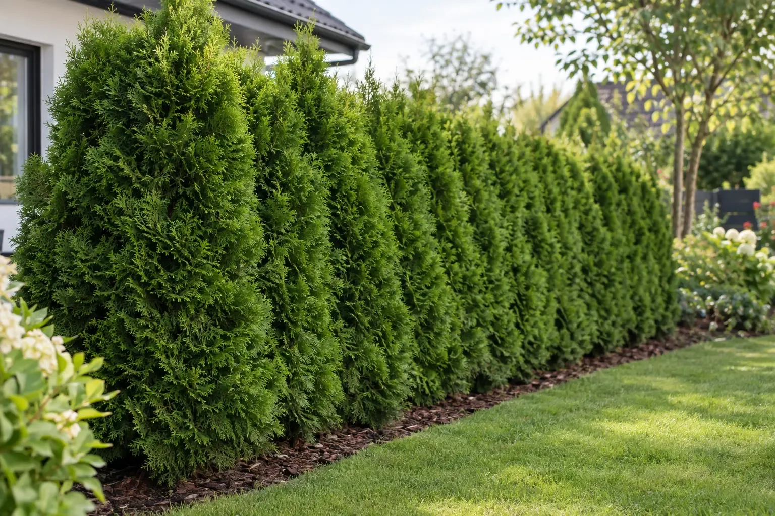 Dicht geschnittene Lebensbaum-Hecke der Sorte Smaragd als grüner Sichtschutz am Rand eines Gartens