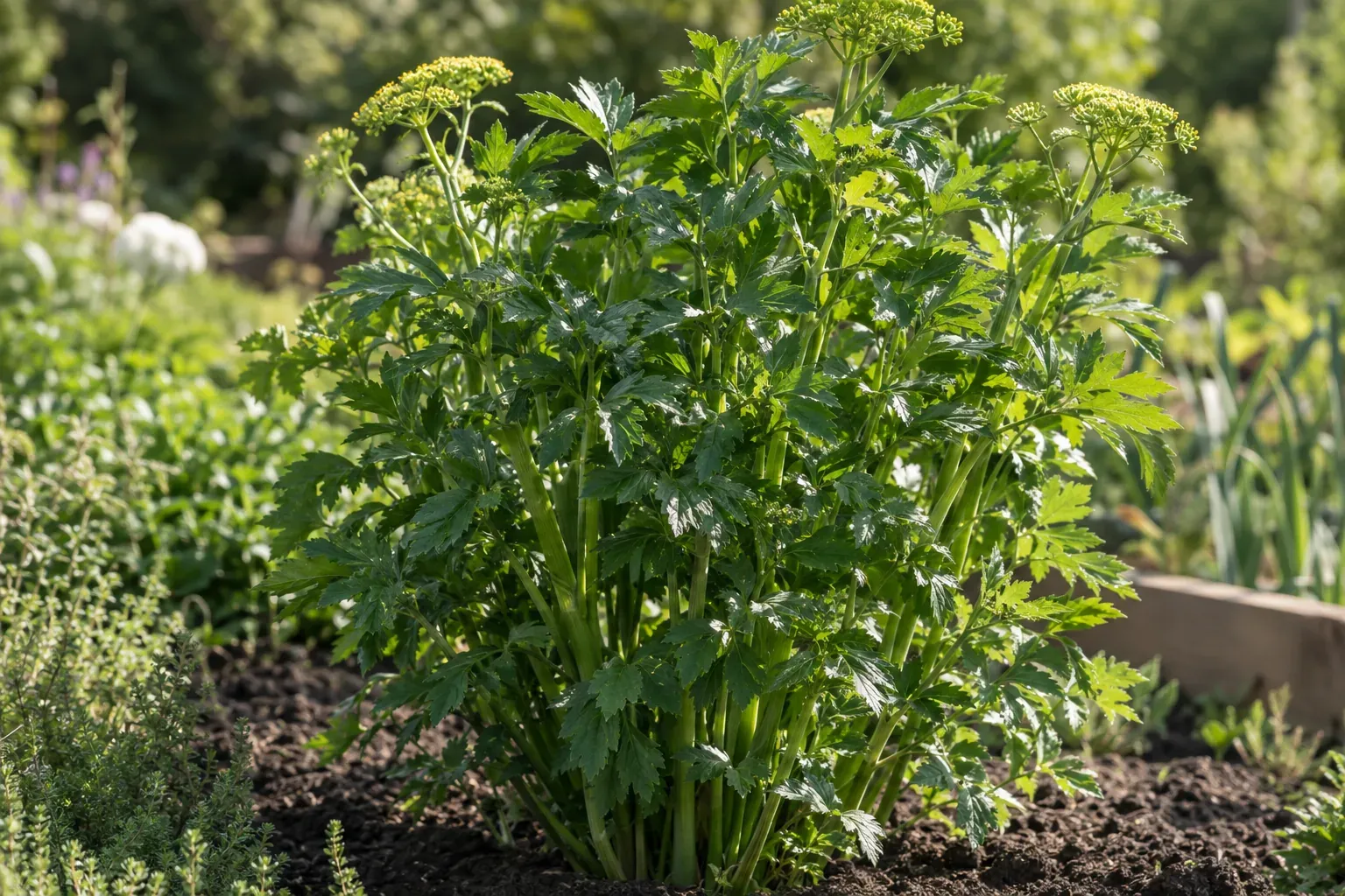 Kräftige Liebstöckel-Pflanze mit glänzend grünen Blättern im sonnigen Kräuterbeet