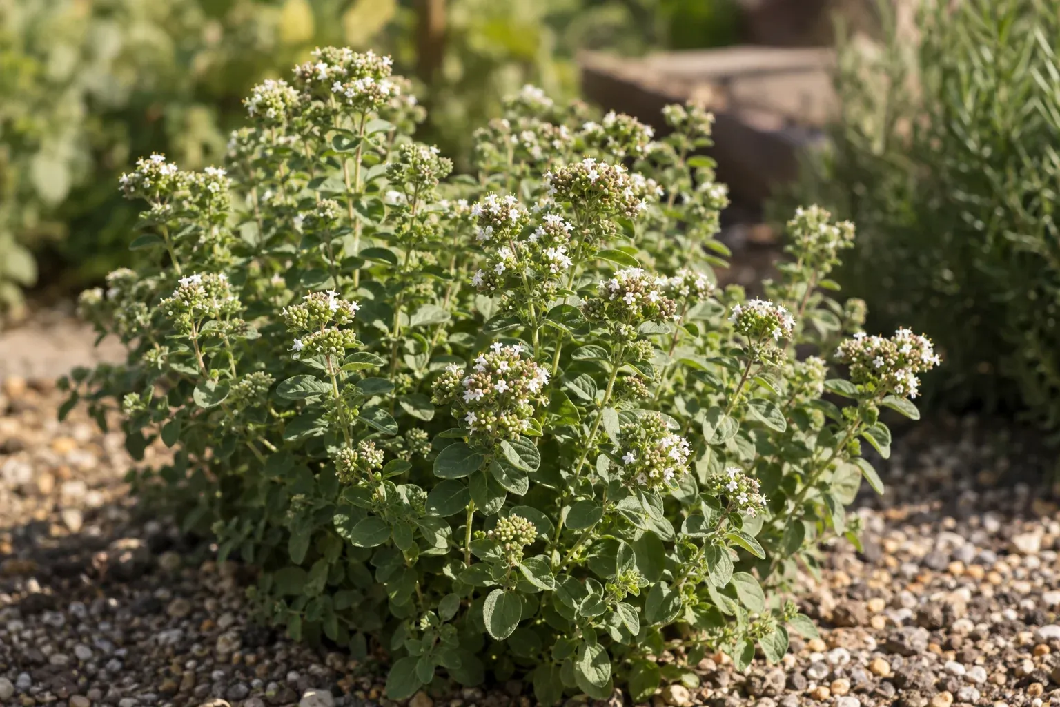 Buschige Majoranpflanze mit graugrünen Blättern und Blütenknospen im sonnigen Kräuterbeet