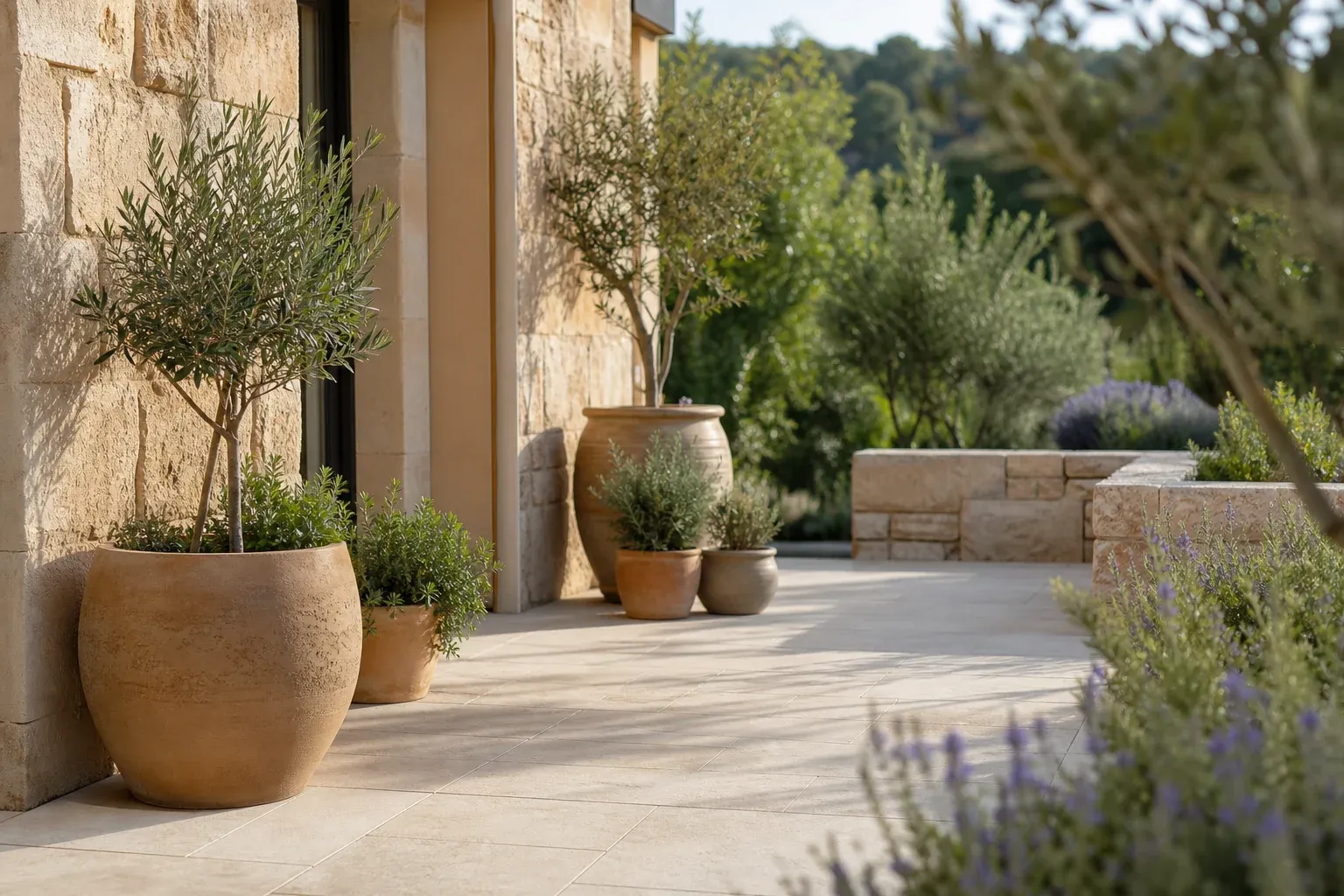 1. Mediterrane Terrasse mit Naturstein und Kübelpflanzen