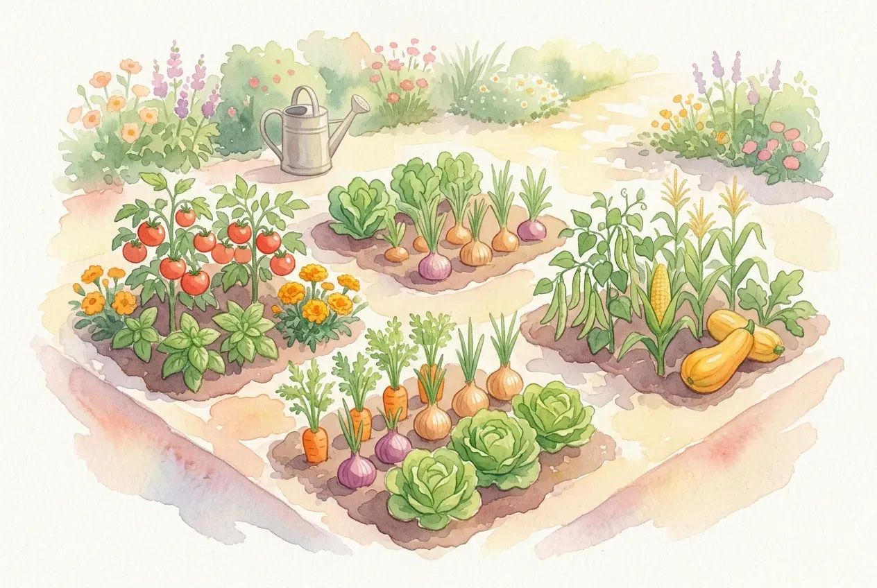 Mischkultur Tabelle mit buntem Gemüsebeet, Tomaten, Gurken, Buschbohnen und Kräutern