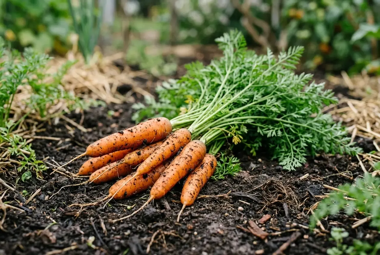 Frisch geerntete Möhren mit grünem Laub auf dunkler Gartenerde