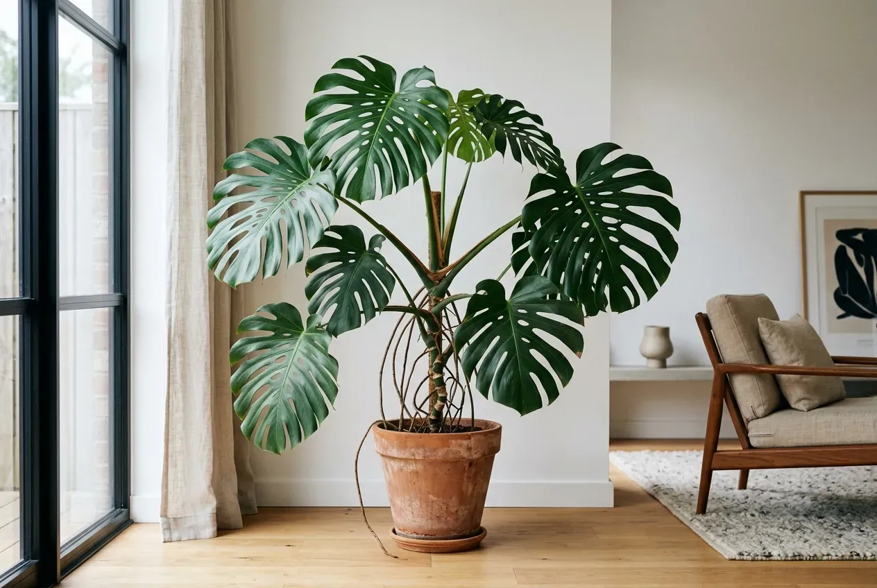 Große Monstera deliciosa mit gefensterten Blättern in einem hellen Wohnzimmer