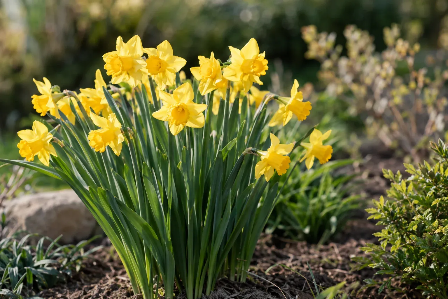 Blühende gelbe Narzissen in einem sonnigen Frühlingsbeet