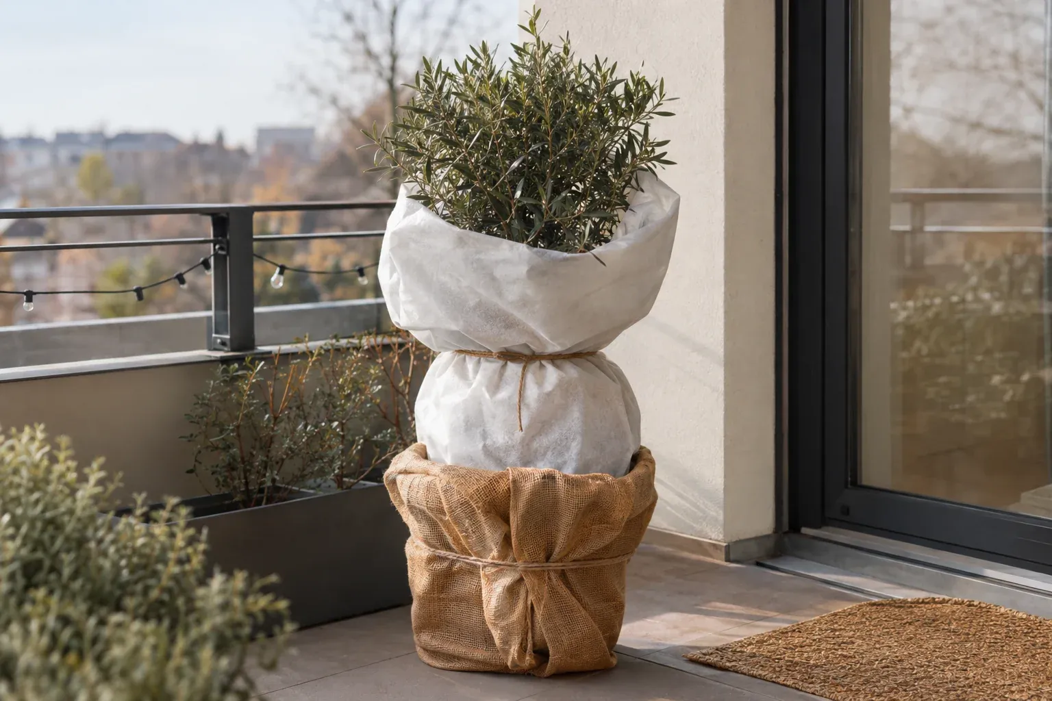 Eingepackter Olivenbaum im Kübel mit Jute und Wintervlies auf dem Balkon