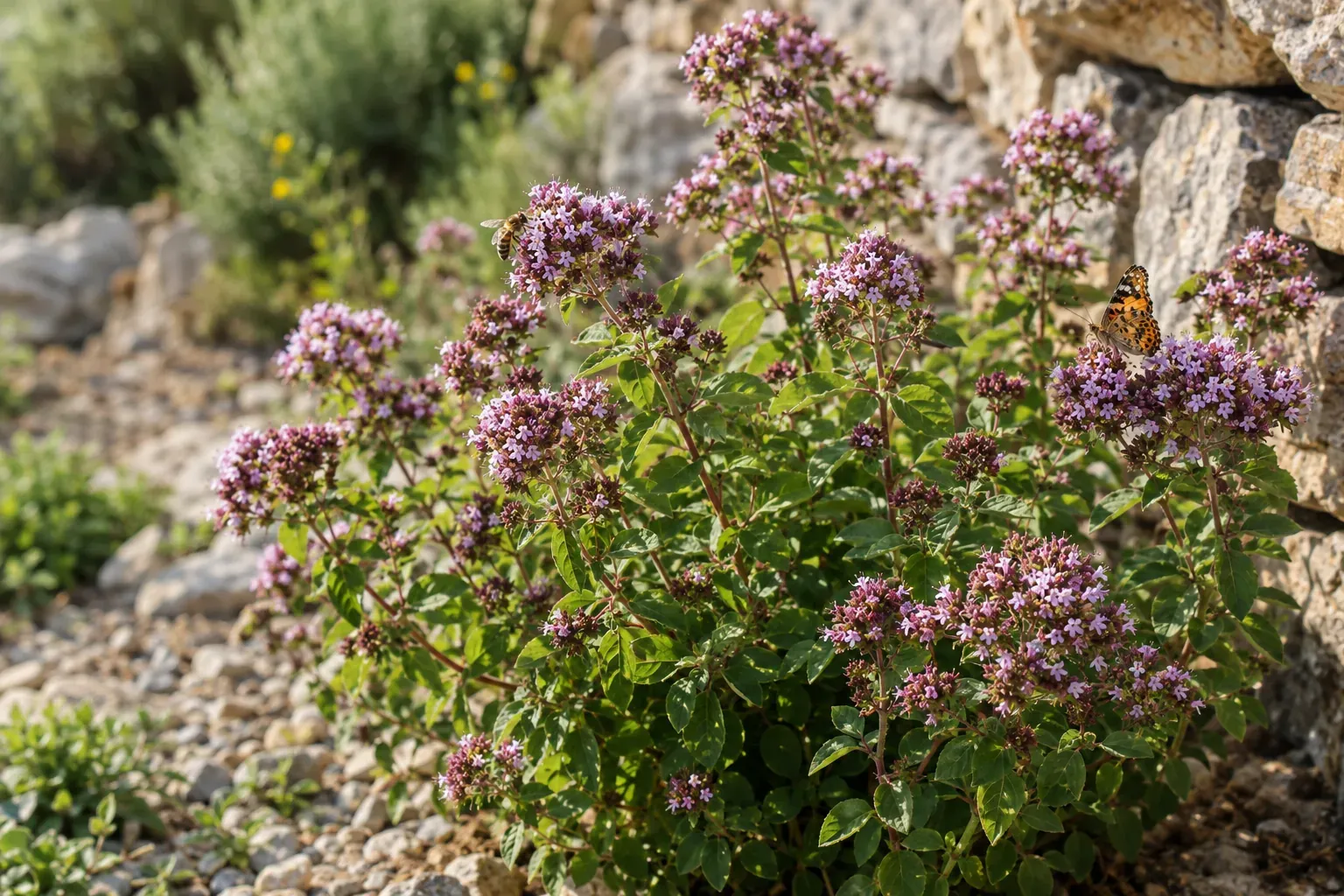 Blühender Oregano mit rosa-violetten Blüten und Bienen in einem sonnigen Steingarten vor einer Trockenmauer