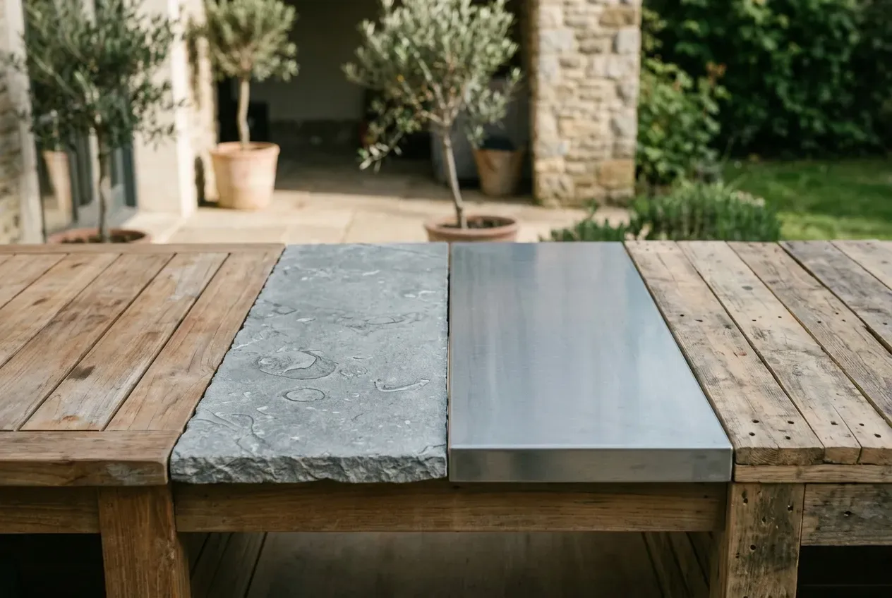 Materialvergleich für Outdoor-Küchen: Holz, Stein, Metall und Paletten nebeneinander