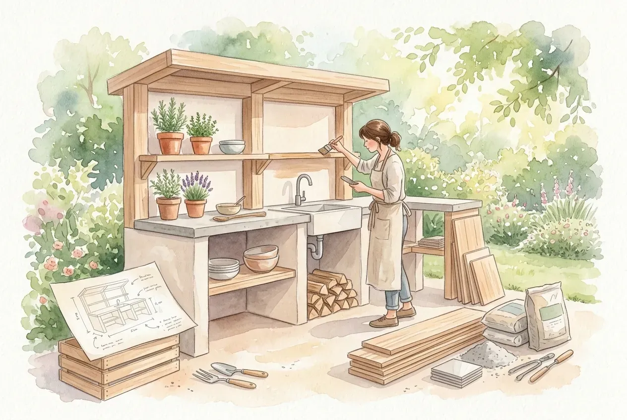 Selbst gebaute Outdoor Küche aus Holz und Stein im Garten mit Grill und Arbeitsfläche