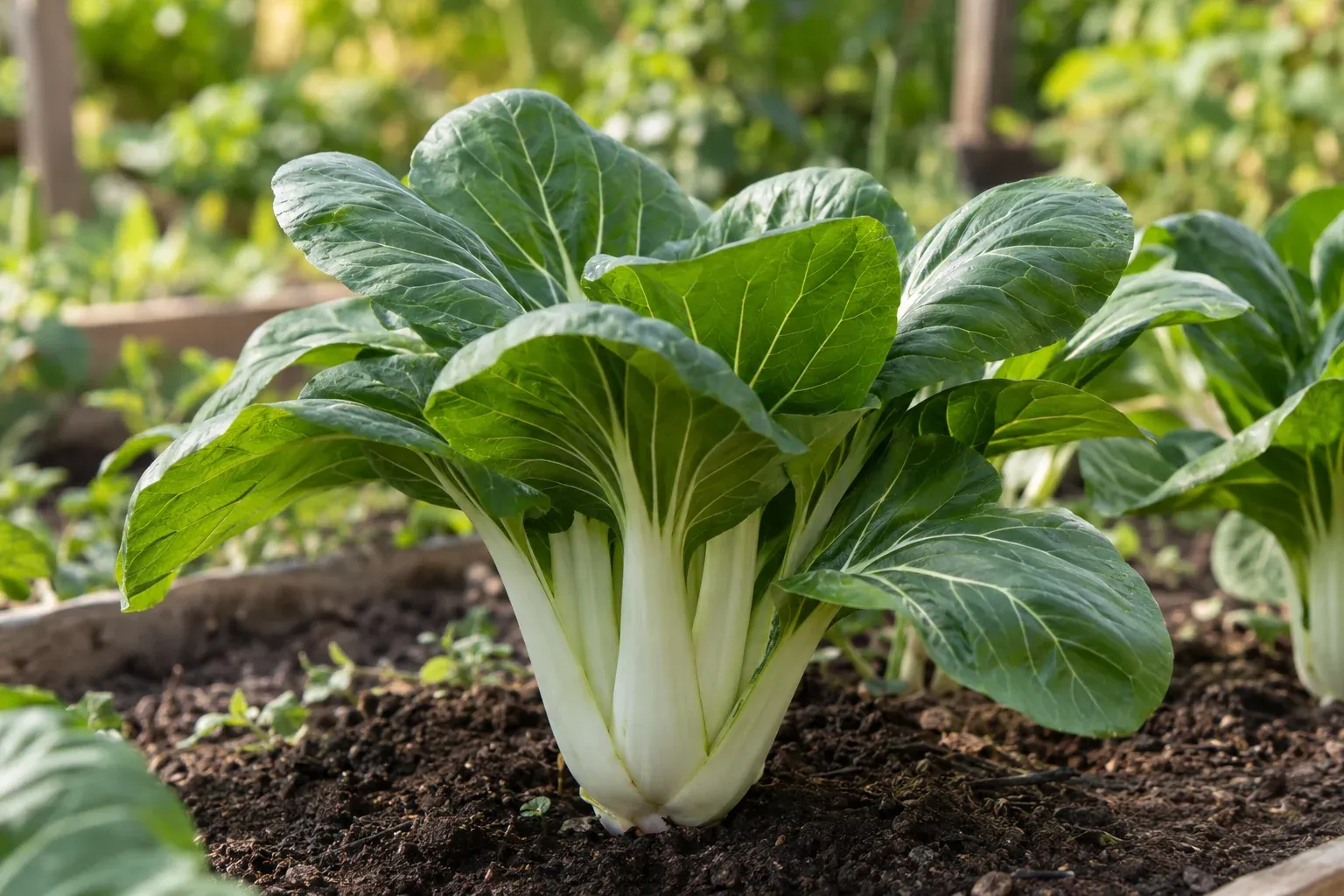 Pak Choi Pflanze mit dicken weißen Stielen und dunkelgrünen Blättern im Gemüsebeet