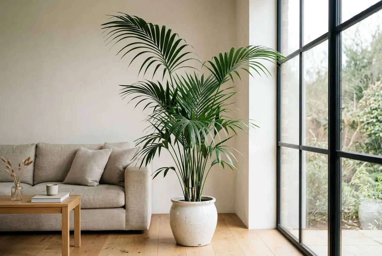 Kentia-Palme als Zimmerpflanze in einem hellen Wohnzimmer neben einem großen Fenster