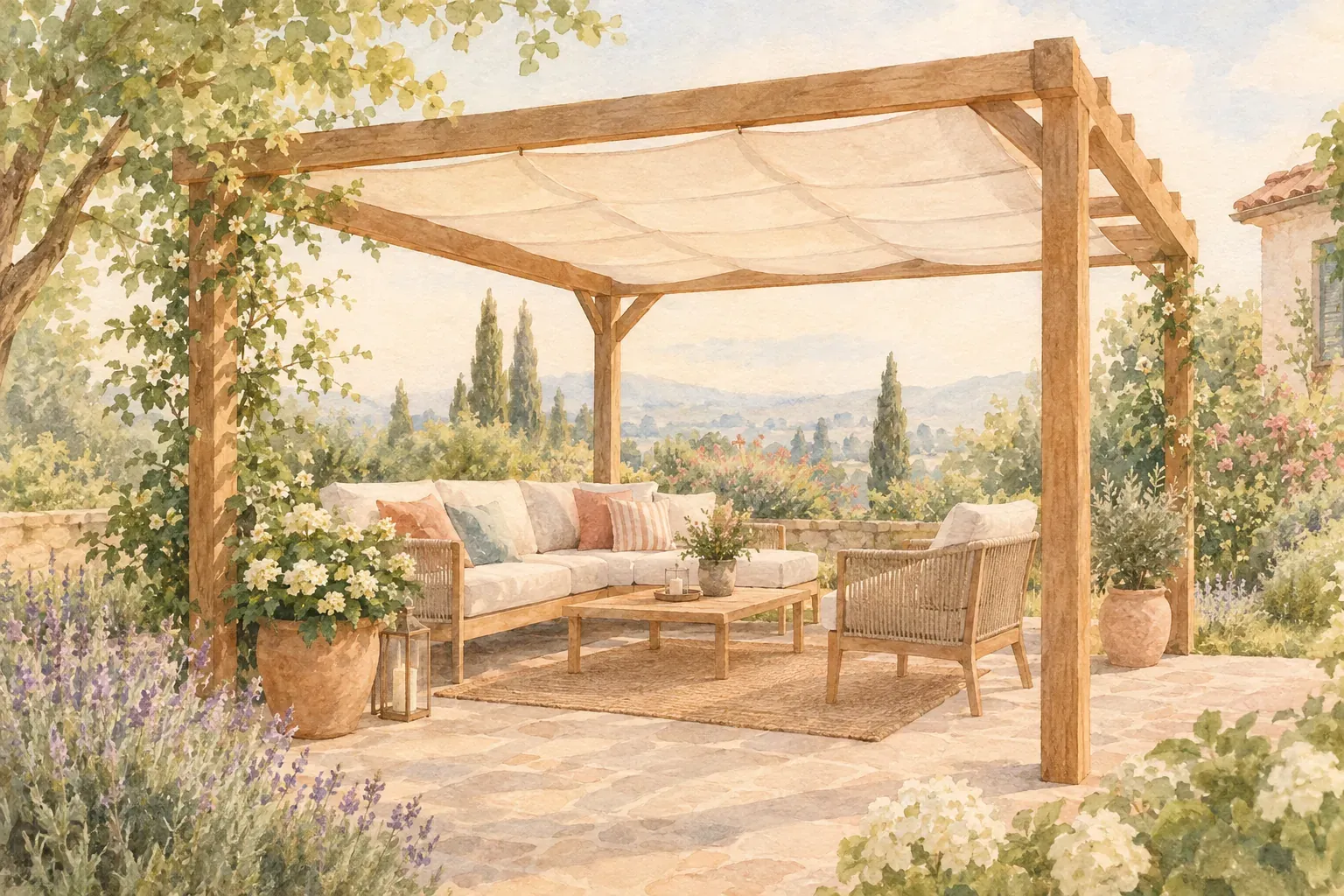 Pergola aus Holz mit Überdachung über einer Sitzgruppe im Garten