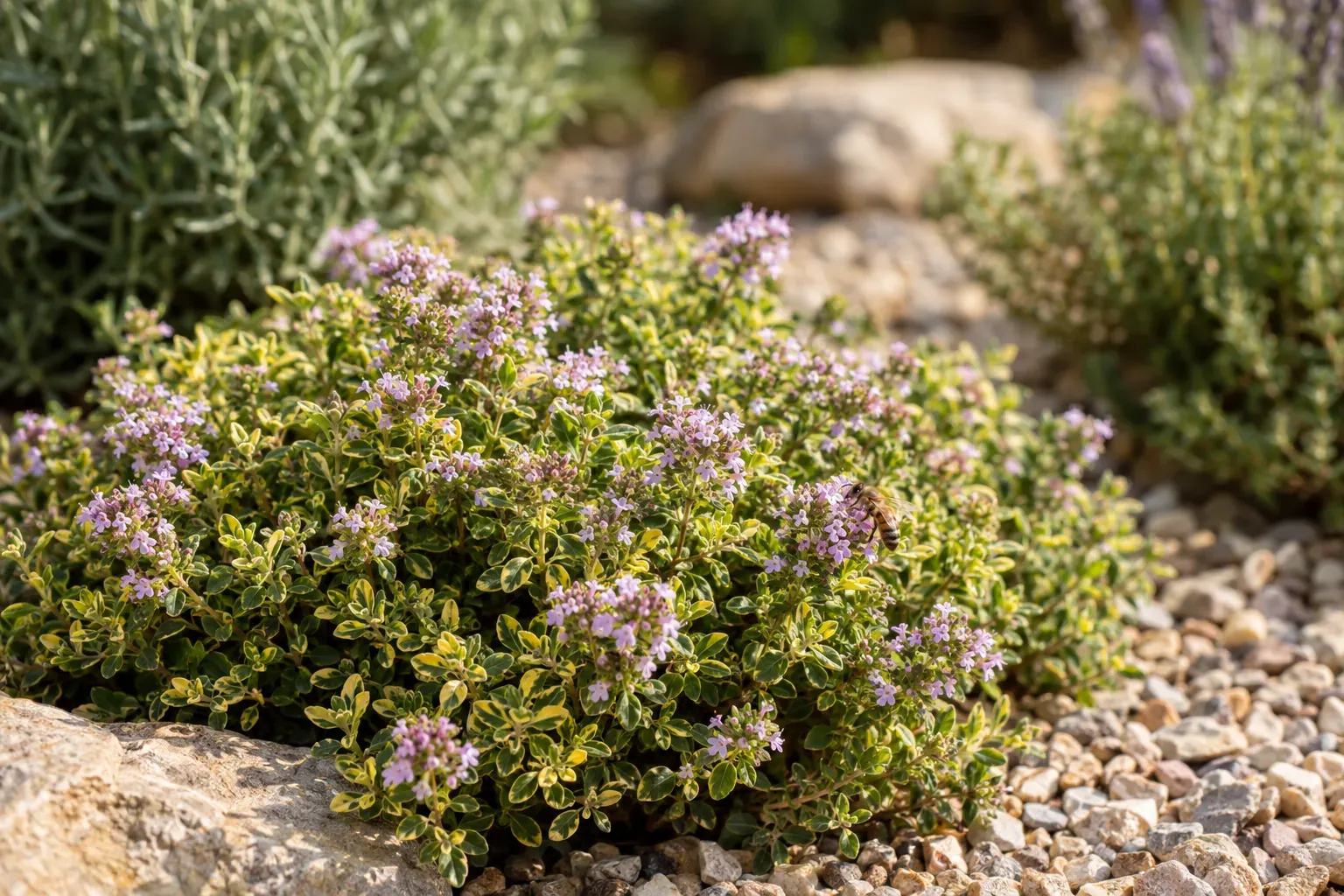 Zitronenthymian als dichtes Polster mit rosa Blüten im sonnigen Kiesbeet