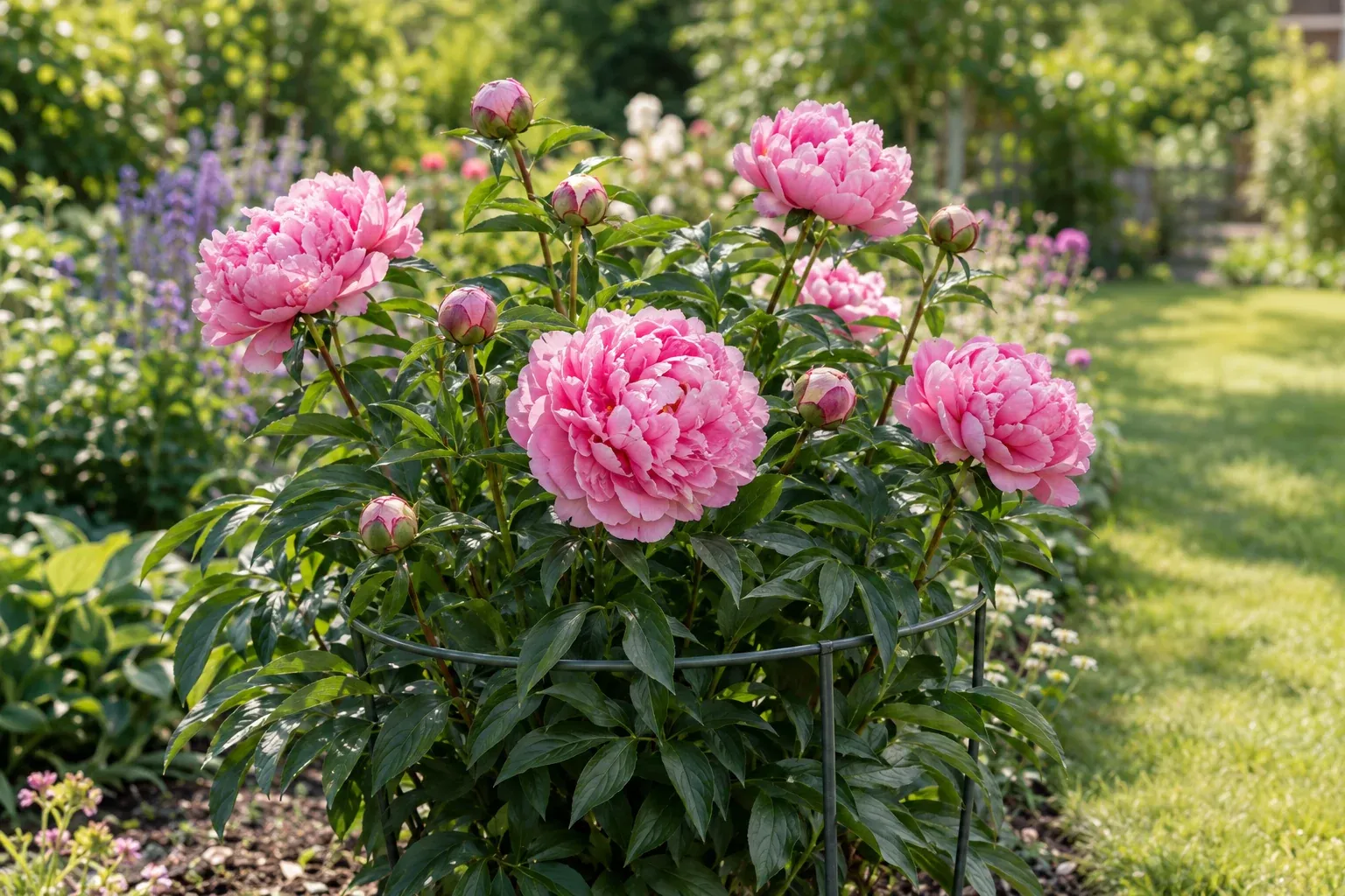 Blühende Pfingstrose mit großen, gefüllten rosa Blüten im sonnigen Staudenbeet