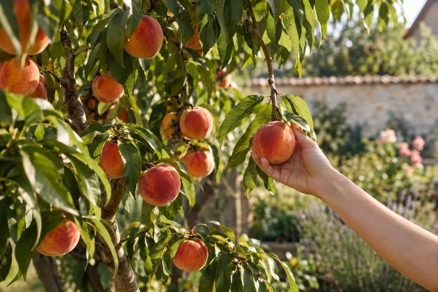 Reife Pfirsiche am Baum bei der Ernte im Garten