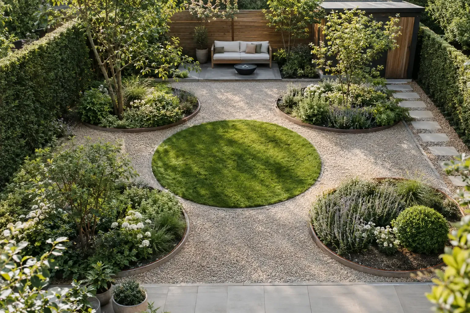 Quadratischer Garten: Garten Aufteilung Ideen mit Kreisformen