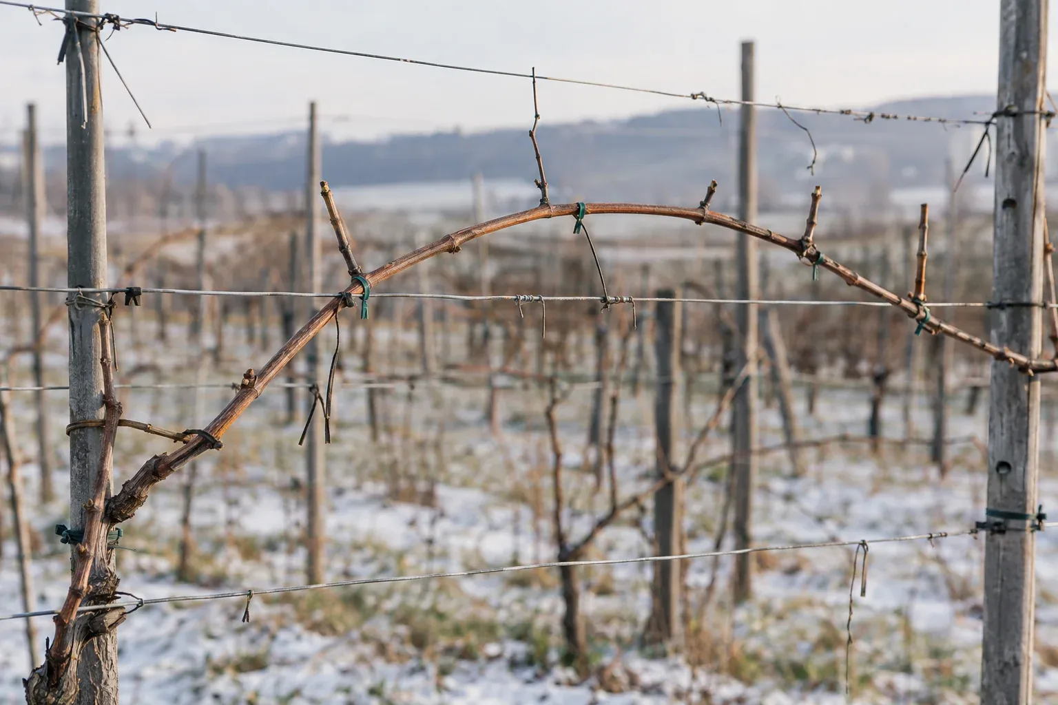 Rebschnitt im Winter: Bogenförmig angebundene Fruchtrute an einem Weinreben-Spalier
