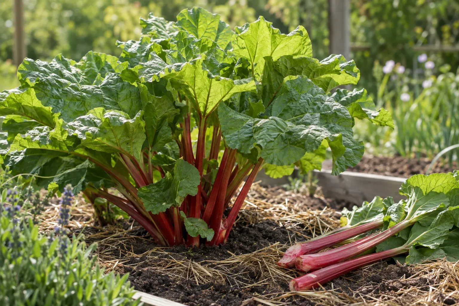 Kräftige Rhabarberstaude mit großen grünen Blättern und roten Stielen im Gemüsebeet